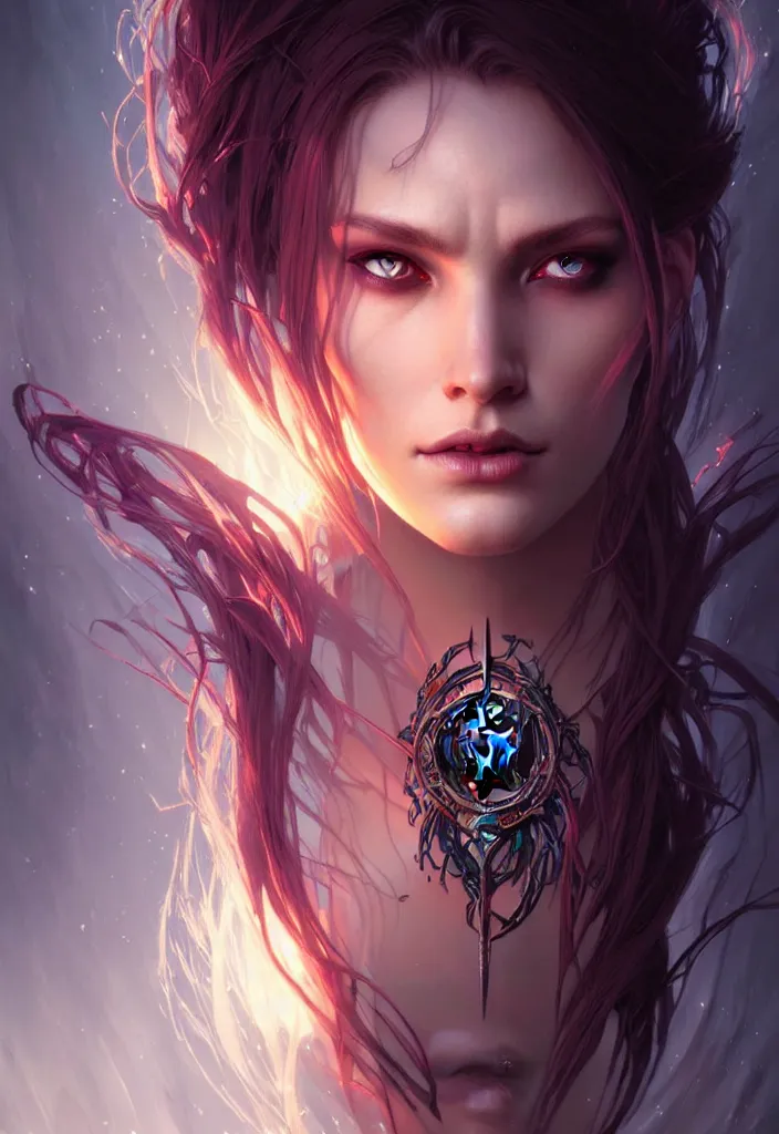 Image similar to Necromancer Sorceress face in center, fantasy magic, undercut hairstyle, dark light night, intricate, elegant, sharp focus, illustration, highly detailed, digital painting, concept art, matte, art by WLOP and Artgerm and Greg Rutkowski and Alphonse Mucha, masterpiece