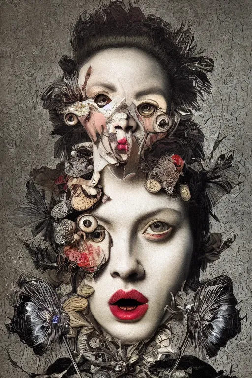 Image similar to Detailed maximalist portrait with large lips and with large eyes, angry expression, HD mixed media, 3D collage, highly detailed and intricate illustration in the style of Caravaggio, dark art, baroque