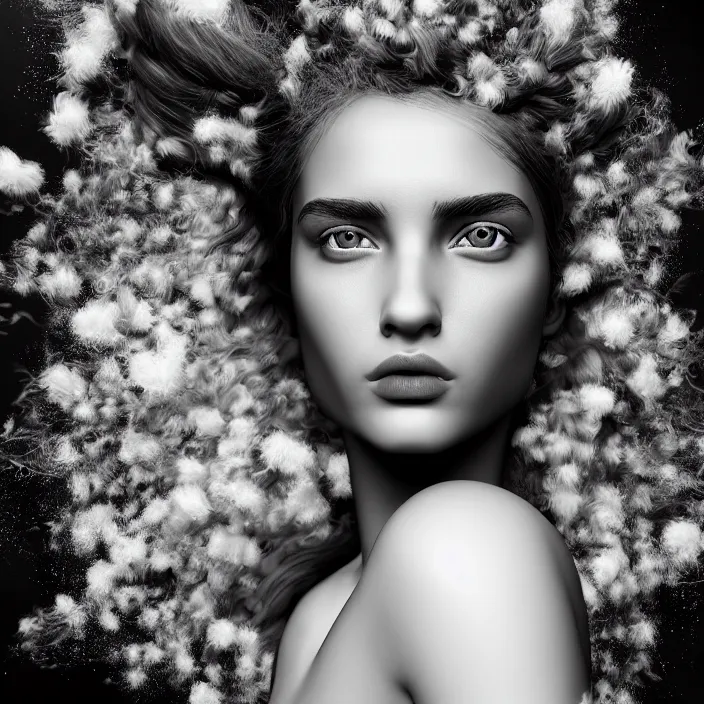 Prompt: young beautiful woman, gorgeous face, black and white photography, surreal, artist, flipped hair, full - body, 8 k, unreal engine 5, ultra sharp focus, art by victoria siemer, kirsty mitchell, laura zalenga