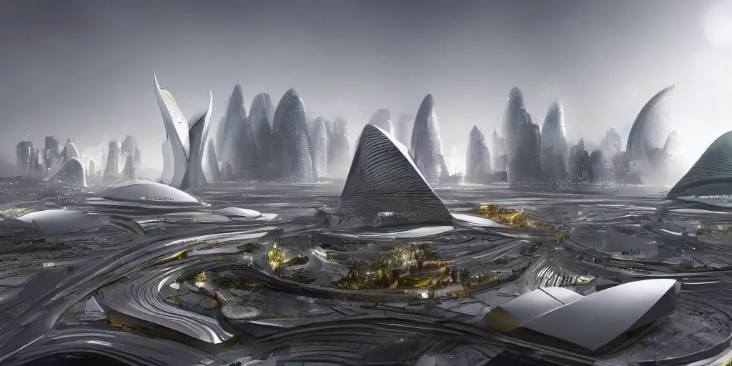 Image similar to Zaha Hadid city with Noraman foster dome and mosque in a Fantasy world and photo inspired by Where weird things happen by Daniele Gay on art station , le corbusier model on the ground inspired by Mining by Risa lin on art station