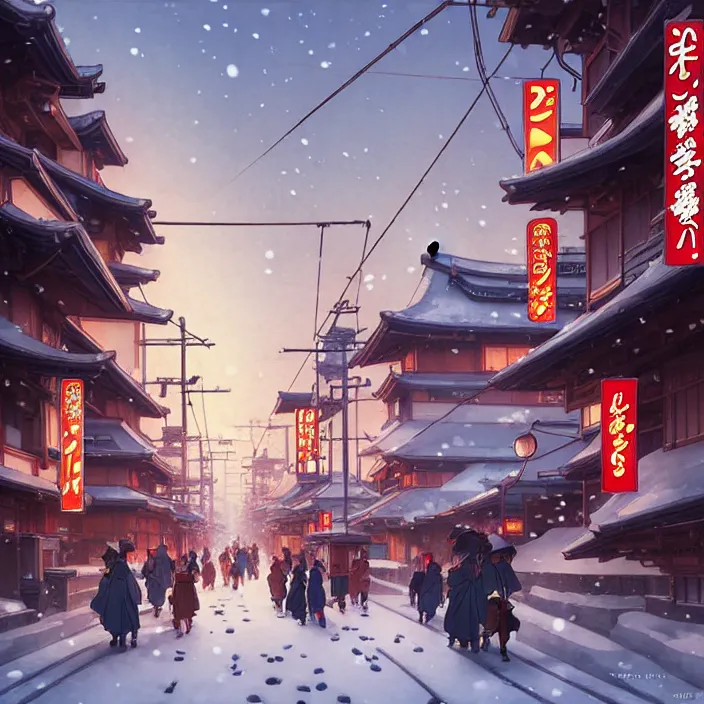 Image similar to japanese big city, winter, in the style of studio ghibli, j. c. leyendecker, greg rutkowski, artem