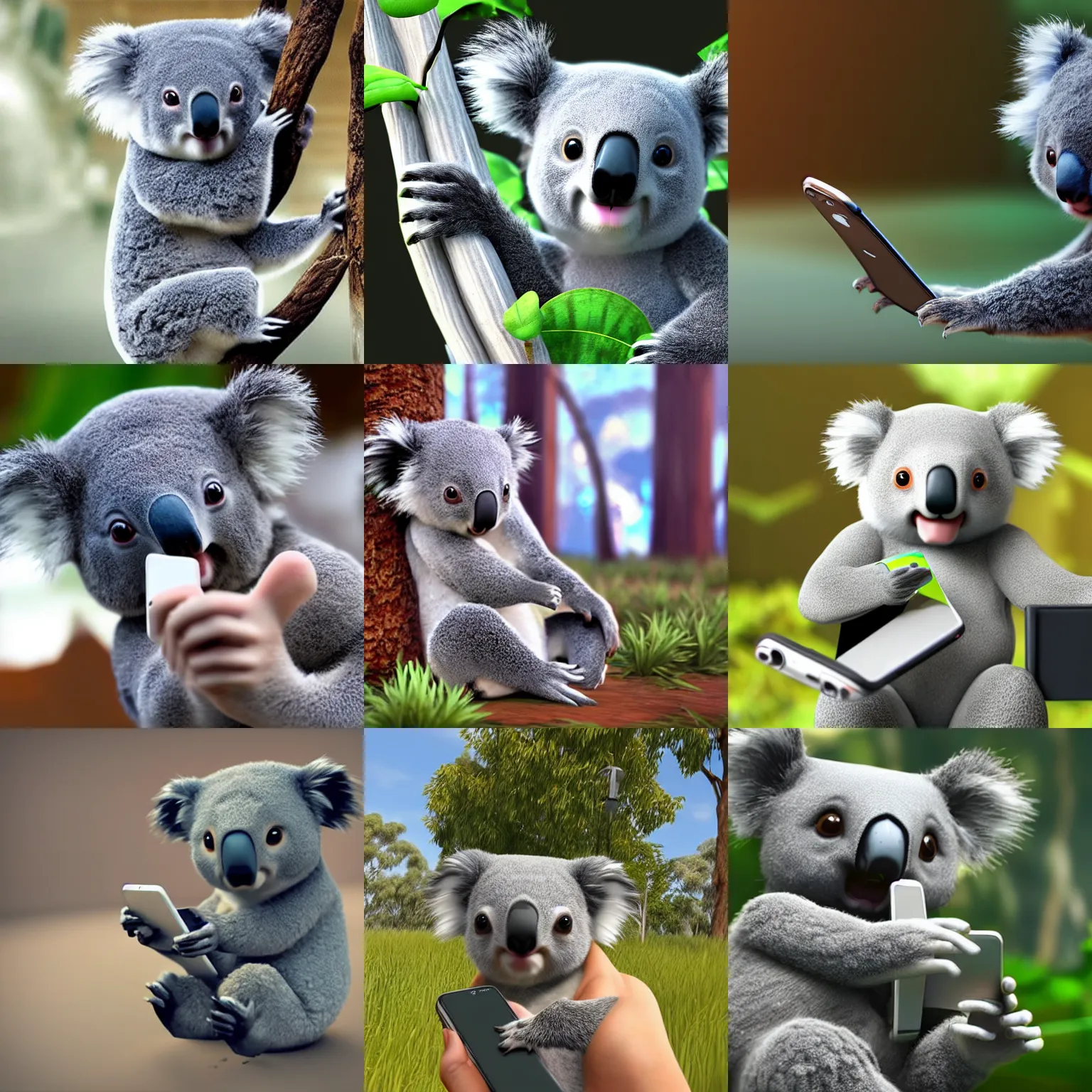 Prompt: a cute koala using mobile phone, unreal engine