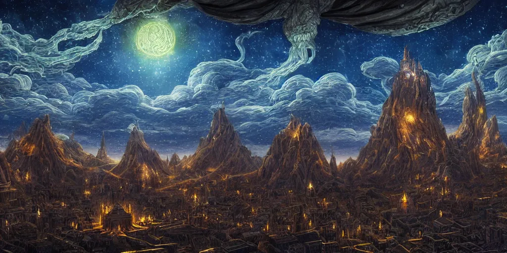 Image similar to an digital painting of the ancient city surrounded by magic guardians, collosal sculpture of faceless god in the middle, lovecraft style, intricate details, detailed sky, starry night, artstation, epic scenery, colourful sky, cinematic, by marco bucci and vasnetsov