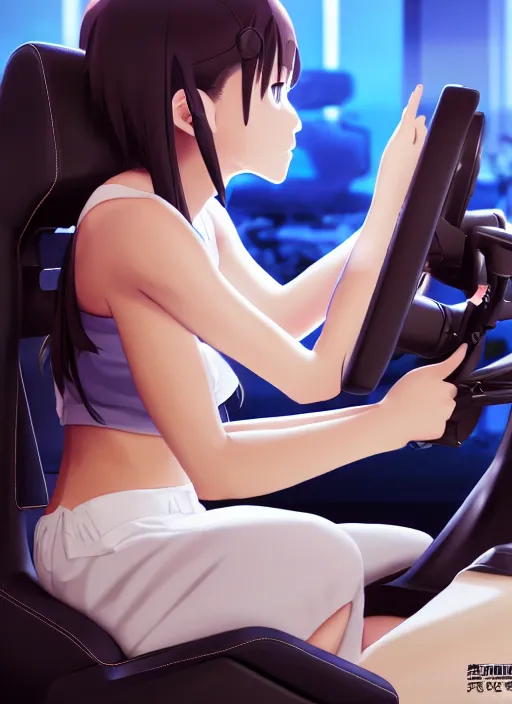 Prompt: side portrait of cute girl driving on simracing simulator, personal room background, illustration concept art anime key visual trending pixiv fanbox by wlop and greg rutkowski and makoto shinkai and studio ghibli and kyoto animation, fanatec peripherals, playseat evolution, symmetrical facial features, gaming chair, ferrari, thrustmaster ts pc racer, curved monitor