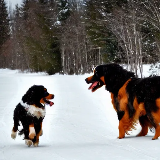 Image similar to girl riding giant Bernese Mountain Dog in the snow, trending on artstation