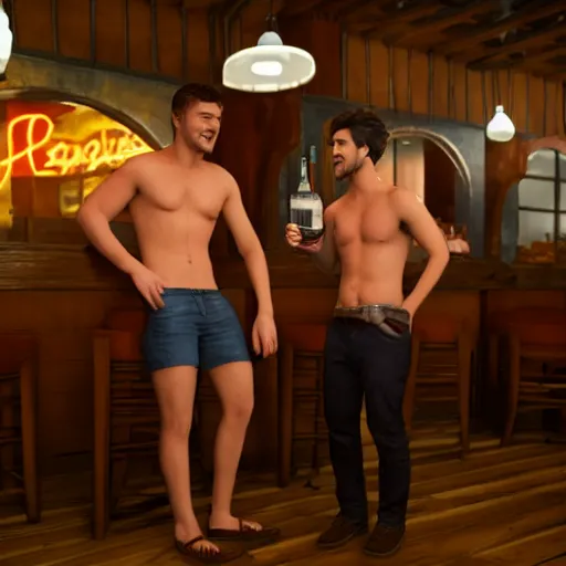 Image similar to cinematic scene with attractive male and another attractive male, no shirts, shorts, drinking their hearts out, in the pub, high definition, very detailed, volumetric lighting, still frame