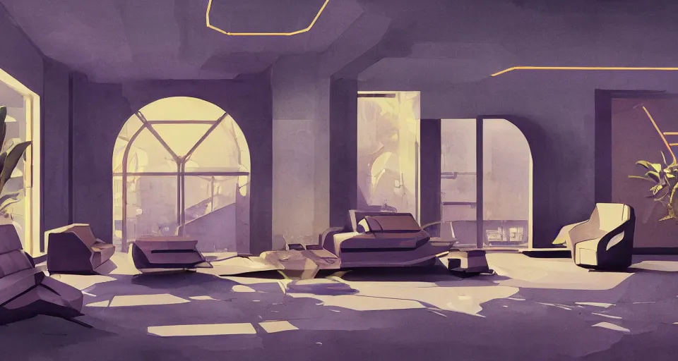 Image similar to a beautiful illustration of futuristic interior hall, lots of furniture, sofa, waiting room, big medium small, sacred geometry, golden ratio, in watercolor gouache detailed paintings, in style of syd mead, trending on artstation,8k, panel, hard surface, vent, zaha hadid, props, plant, cozy