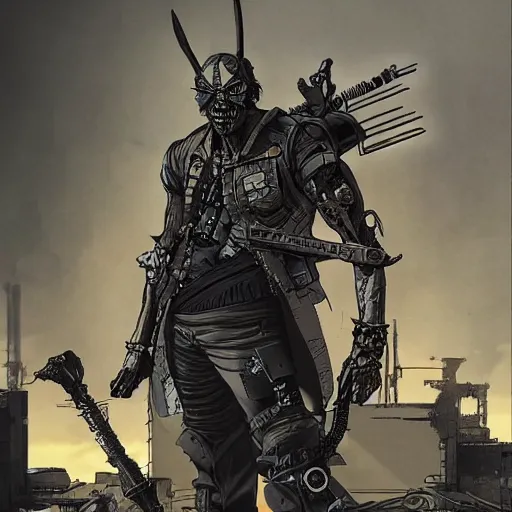 Prompt: a post-apocalyptic cyberpunk grimdarka bandit-raider leader in the style of leonard boyarsky in the style of Yoji Shinkawa detailed realistic HD 8k High Resolution