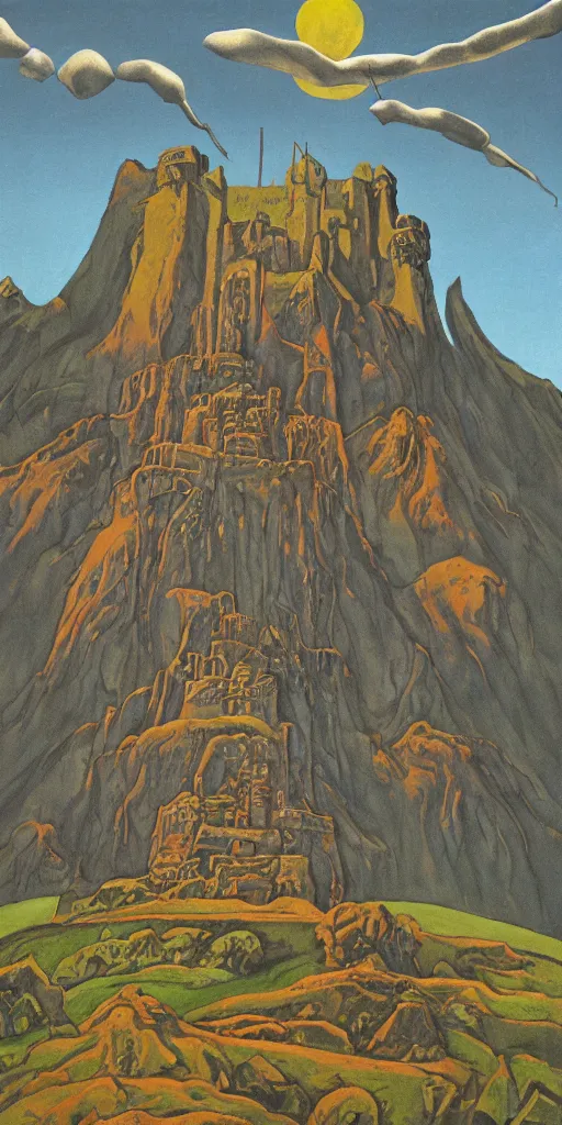 Prompt: a sinister expressive gouache painting of a incan castle by roger dean in the style of art - nouveau art, 8 k