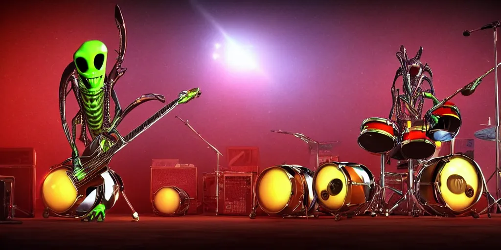 Image similar to aliens band play on drums and guitar, piano, rock concert, alien-drummer, alien-guitar player, realism, 3d render, highly detailed, 4k