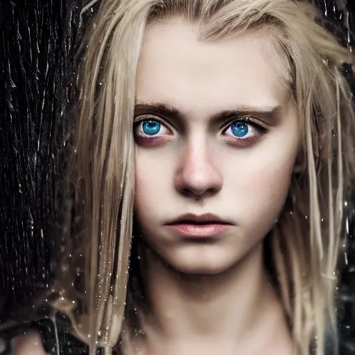 Image similar to A gorgeous blonde, grungy, unkept hair, glowing eyes, modelsociety, wet from rain, radiant skin, huge anime eyes, bright on black, studio lighting, perfect face, intricate, Sony a7R IV, symmetric balance, polarizing filter, Photolab, Lightroom, 4K, Dolby Vision, Photography Award