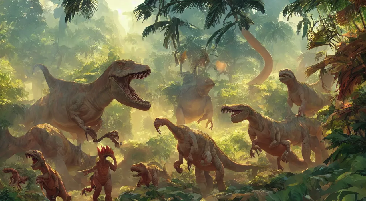 Prompt: dinosaurs, amazon jungle heartstone global illumination ray tracing hdr official fanart behance hd artstation by jesper ejsing, by rhads, makoto shinkai and lois van baarle, ilya kuvshinov, rossdraws