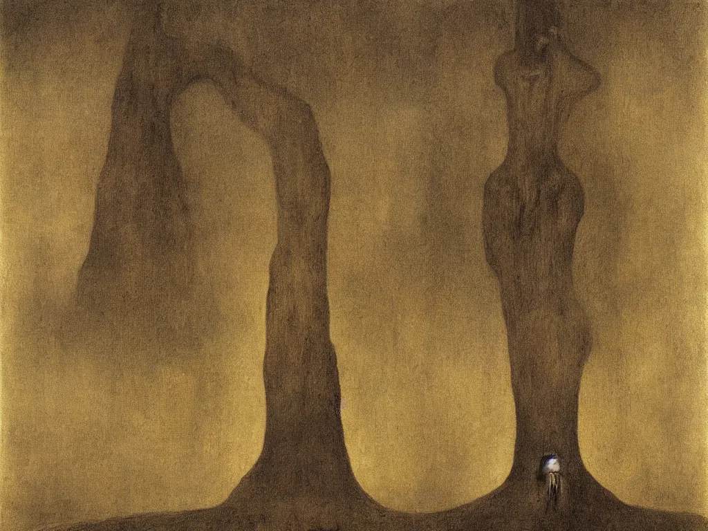 Image similar to Giant African sculpted god in a ravine, fog, melancholy, noise, surreal canopy, Harsh, golden light. Painting by Alfred Kubin