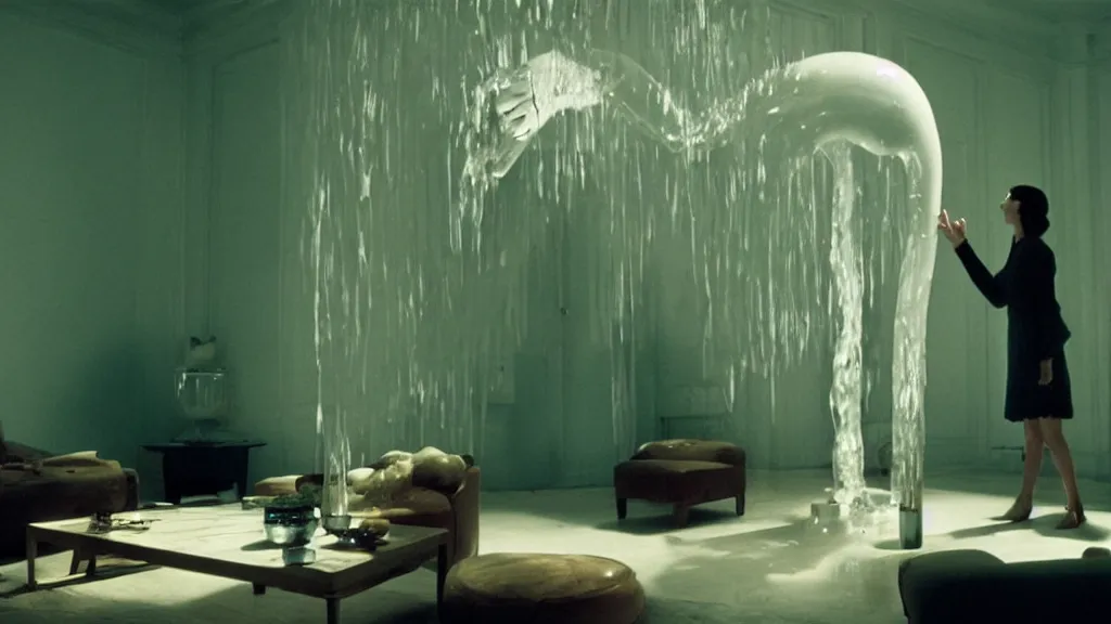 Image similar to a giant hand made of wax and water floats through the living room, film still from the movie directed by Denis Villeneuve with art direction by Salvador Dalí, wide lens