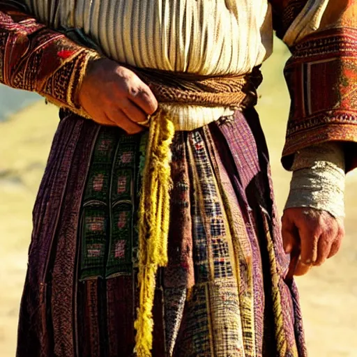 Image similar to Close up of a Kurdish shepherd wearing Kurdish clothes in a movie directed by Christopher Nolan, movie still frame, promotional image, imax 70 mm footage