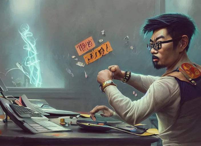 Image similar to an insanely detailed painting of an asian man wearing a homemade superhero costume, sitting at a desk, staring seriously at the computer and typing, in the style of peter mohrbacher, james jean, artgerm, dramatic lighting and composition, surreal background, octane render, pixar, trending on artstation, concept art, comic book, view from behind, 8 k