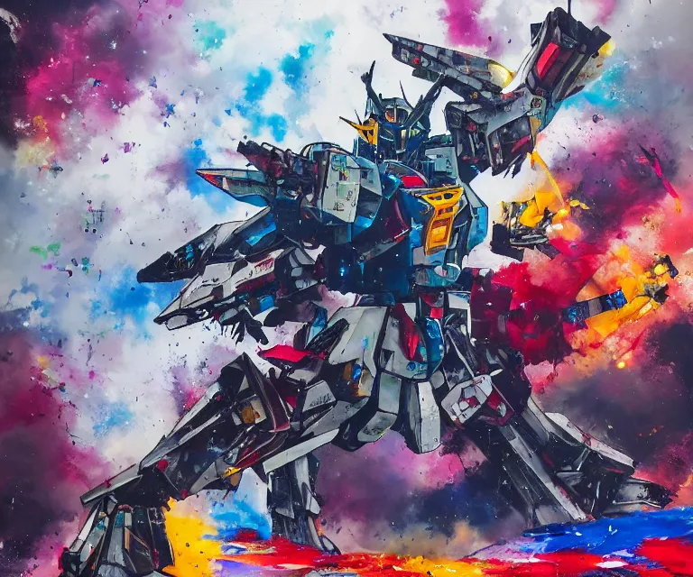 Prompt: acrylic and spraypaint action portrait of giant origami mecha gundam battling in space, explosions, graffiti wildstyle, large brush strokes, painting, paint drips, acrylic, clear shapes, spraypaint, smeared flowers, large triangular shapes, painting by totem 2, jeremy mann, masterpiece