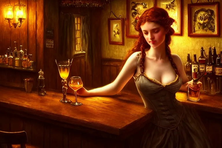 Prompt: a beautiful barmaid, dimly lit cozy tavern, relaxed pose, fantasy, intricate, elegant, dramatic lighting, emotionally evoking symbolic metaphor, highly detailed, lifelike, photorealistic, digital painting, artstation, concept art, smooth, sharp focus, illustration, art by John Collier and Albert Aublet and Krenz Cushart and Artem Demura and Alphonse Mucha, epic composition, grim yet sparkling atmosphere, dim volumetric lighting, 8k octane beautifully detailed render, post-processing, extremely hyperdetailed, cinematic lighting + masterpiece, trending on artstation