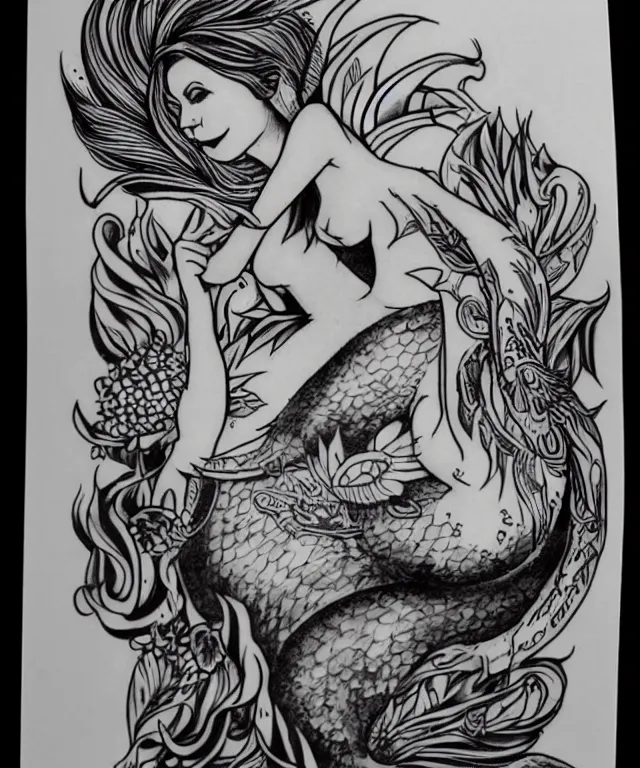 Image similar to tattoo design illustration, black ink on white paper, beautiful mermaid, full body