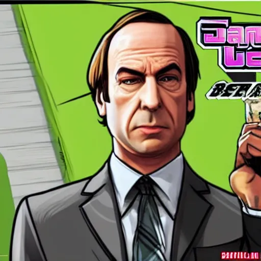 Image similar to Saul Goodman from Better Call Saul as a GTA character portrait, Grand Theft Auto, GTA cover art