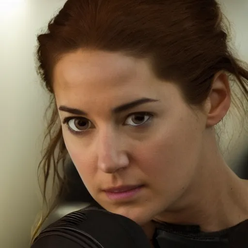 Image similar to A still of Shailene Woodley as Black Widow in Iron Man 2 (2010), close-up