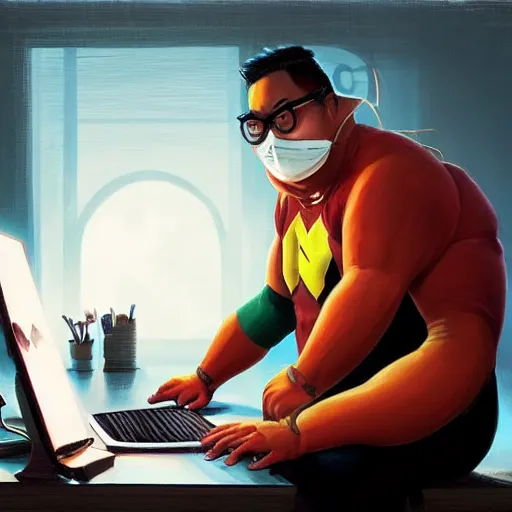 Image similar to an insanely detailed painting of a chubby nerdy asian man wearing a homemade superhero costume and mask, sitting at a computer desk typing on the keyboard, in the style of peter mohrbacher, dramatic lighting and composition, trending on artstation, concept art, comic book, graphic novel, back view