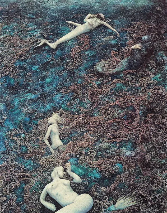 Prompt: a mermaid swimming deep underwater amongst seaweed and sea creatures, mermaid, high detailed beksinski painting, part by adrian ghenie and gerhard richter. art by takato yamamoto. masterpiece, dark and moody, deep colours, blue