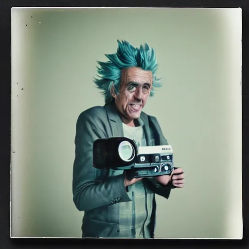 Prompt: old polaroid of a realistic rick sanchez holding his portal gun