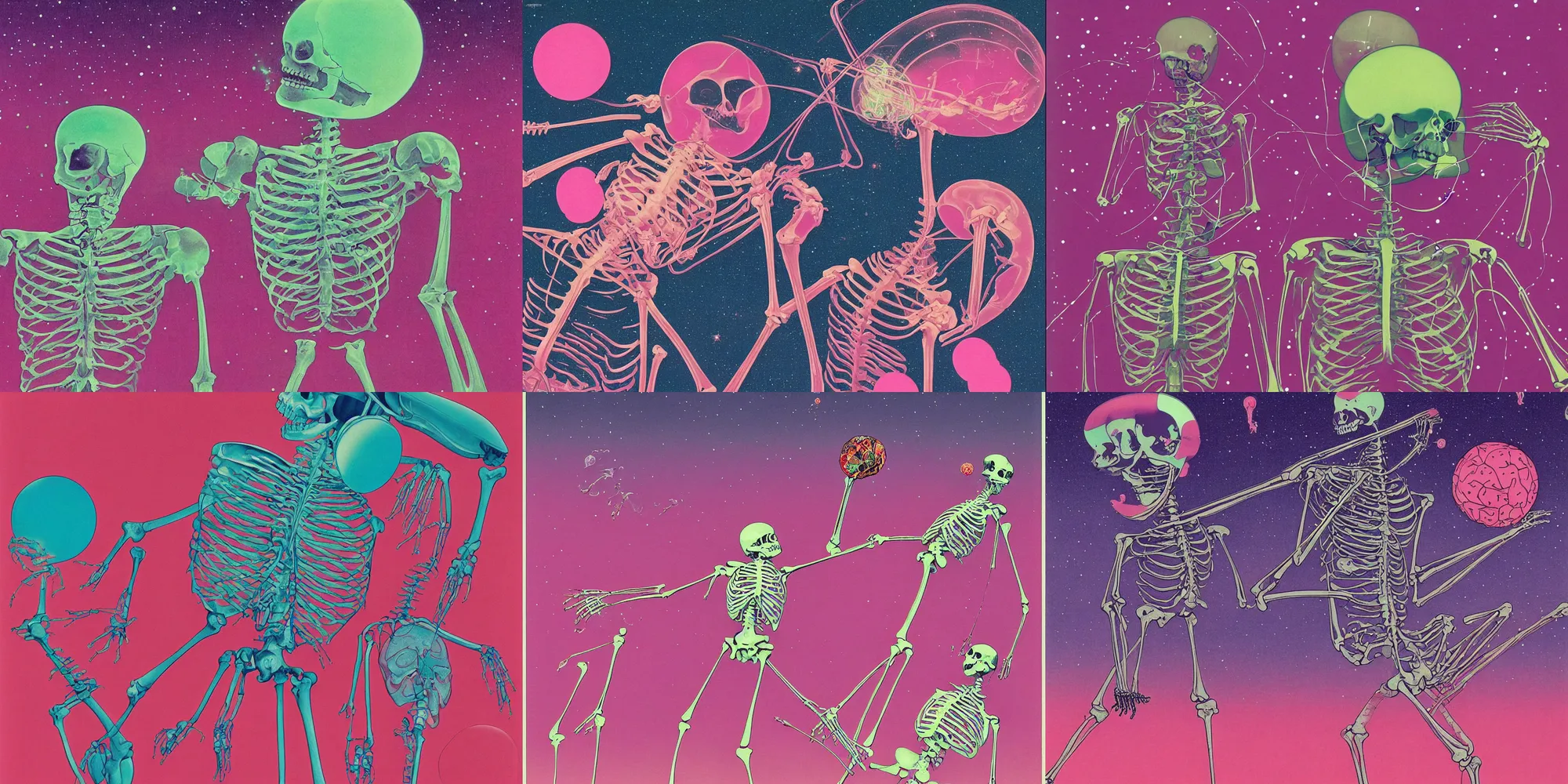 Prompt: album art of an x-ray skeleton with candy brains flying and squirting fluorescent pink liquid in the cosmos, by Kawase Hasui and moebius, 1960s scifi