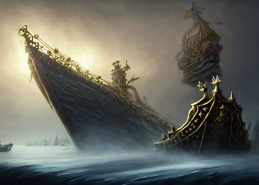 Image similar to frozen zombie king with gold crown, eyes are glowing, broken sailing ship boat in the background, is at dawn and bluish, fantasy, intricate, elegant, highly detailed, digital painting, artstation, concept art, matte, sharp focus, illustration, art by aenaluck and roberto ferri and greg rutkowski, epic fantasy, digital painting