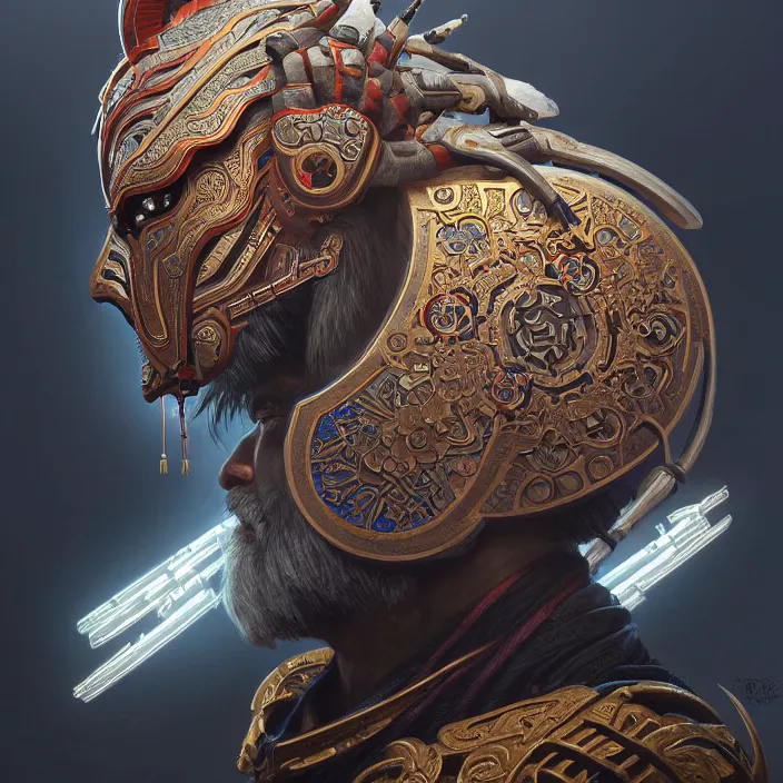 Image similar to symmetry! portrait of a hybrid old male warrior, face decorated with chinese opera motifs, leds horizon zero dawn machine, intricate, elegant, highly detailed, digital painting, artstation, concept art, smooth, sharp focus, illustration, art by artgerm and greg rutkowski and alphonse mucha, 8 k