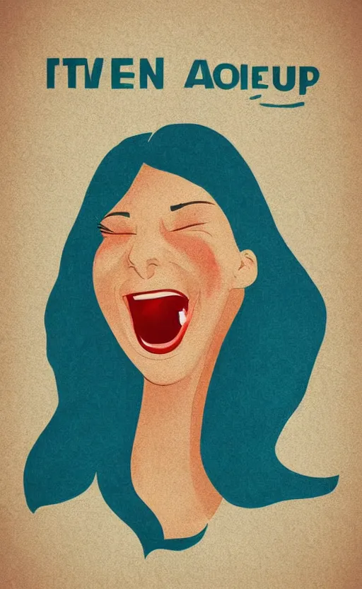 Prompt: illustration with a woman laughing out loud with open mouth, standup, comedy, joke, funny meme photo, trending on behance, art deco, digital illustration, storybook illustration, grainy texture, flat shading, vector art, airbrush, pastel, watercolor, poster