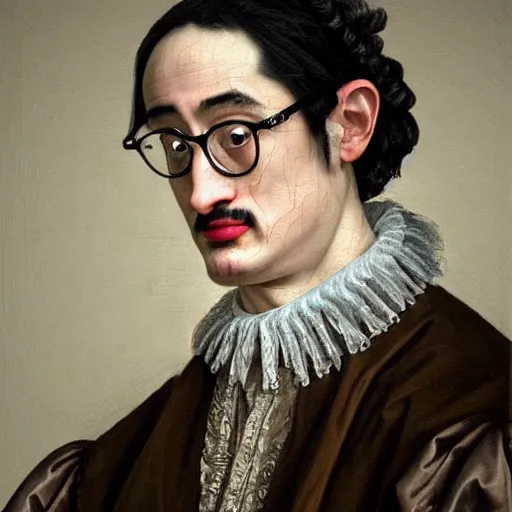 Image similar to A 17th century Baroque Painting of Filthy Frank, grainy, realistic, hyperrealistic, very realistic, very very realistic, highly detailed, very detailed, extremely detailed, detailed, digital art, trending on artstation, detailed face, very detailed face, very detailed face, realism, HD Quality, 8k resolution, intricate details, body and head in frame, painting, oil painting, trending on deviantart, Baroque Painting