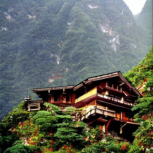 Prompt: a beautiful alpine lodge sitting precariously atop the side of a jutting cliffside, painted by yoshitaka amano