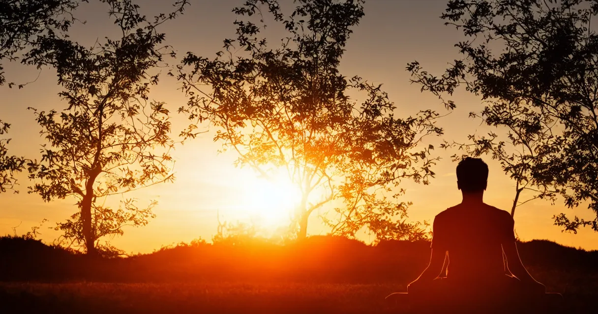 Image similar to wide range photo silhouette of a man meditating, at a beautiful sunset, highly detailed, colorful,