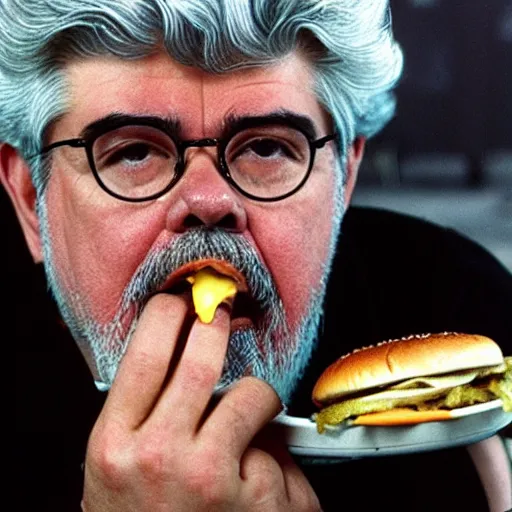 Image similar to George Lucas eating a hamburger