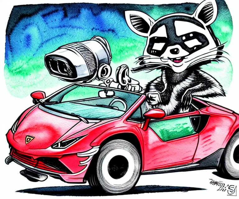 Image similar to cute and funny, racoon wearing a helmet riding in a tiny 2 0 2 0 lamborghini huracan sto, ratfink style by ed roth, centered award winning watercolor pen illustration, isometric illustration by chihiro iwasaki, edited by range murata