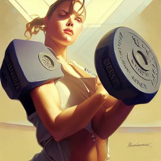 Image similar to Dumbbell, box art, highly detailed, digital painting, artstation, concept art, smooth, sharp focus, illustration, art by artgerm and greg rutkowski and alphonse mucha