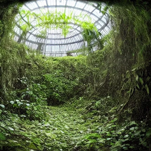 Prompt: abandoned, overgrown, underground bunker. jungle room with trees.