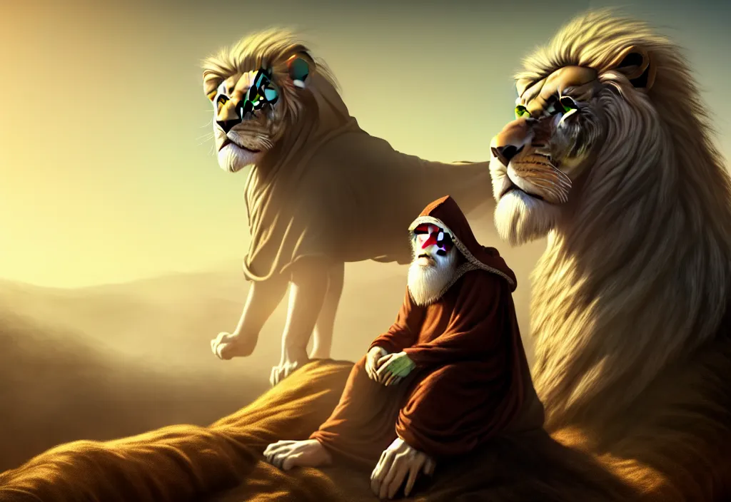 Image similar to a hooded wise lonely old man with a long white beard wearing a brown hooded tunic, the man riding is on the lion, the wise man is riding on top, he is all alone, majestic, epic digital art, cinematic, trending on artstation, superb detail 8 k, wide angle shot, masterpiece