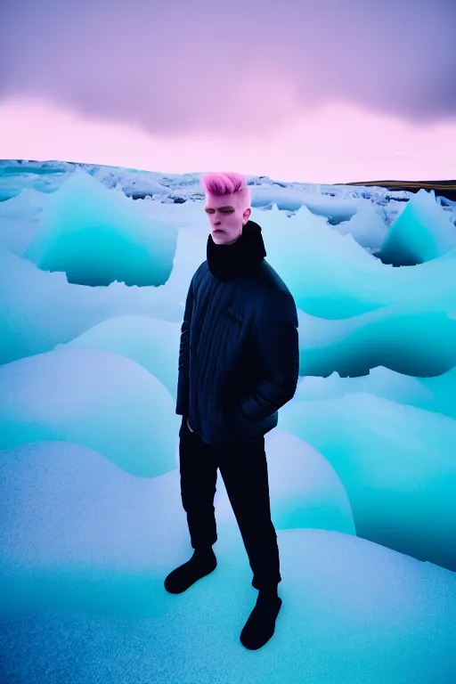 Image similar to high quality pastel coloured film wide angle selfie photograph of an male cyber model standing in an icelandic black rock environment. three point light. photographic. art directed. pastel colours. volumetric light. stark. waves glitch. 8 k. filmic.