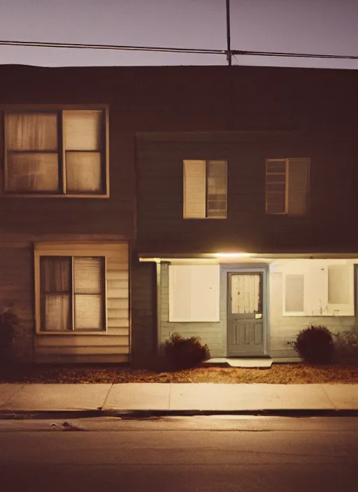 Image similar to a detailed photographic render of a 1 9 6 0 s american neighborhood at night by todd hido, photoreal, 4 k, mist, rule of thirds