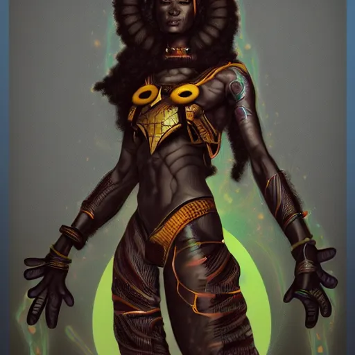 Prompt: an afrofuturistic sci-fi shaman, detailed, trending on artstation