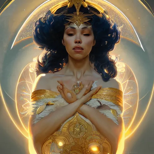 Prompt: sun goddess, surrounded by light, artstation, highly detailed, elegant, by artgerm and greg rutkowski and alphonse mucha