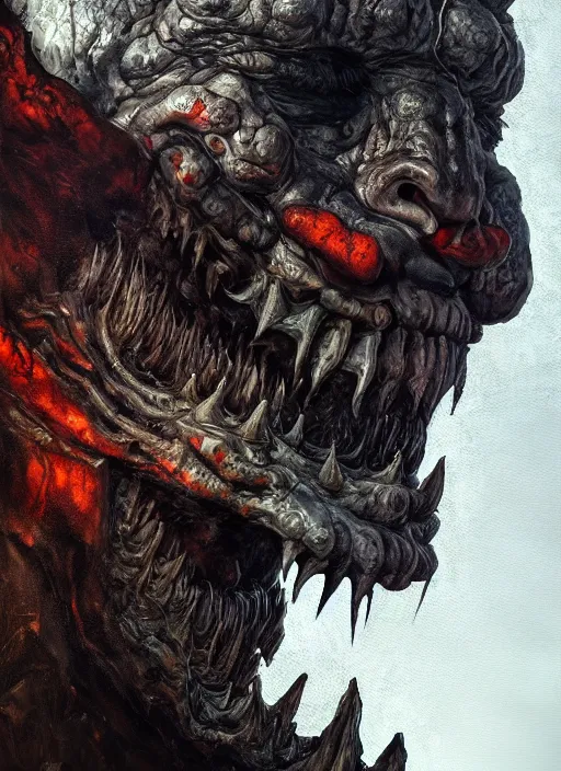 Image similar to close up portrait of a monster in the mountains of hell, oil painting by tomasz jedruszek, cinematic lighting, pen and ink, intricate line, hd, 4 k, million of likes, trending on artstation