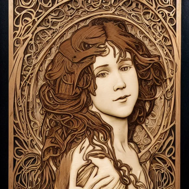 Image similar to a bas - relief wooden art nouveau sculpture of a young molly ringwald with long hair blowing in the wind, in front of a delicate tracery pattern, intricate and highly detailed, well - lit, ornate, realistic, by alphonse mucha