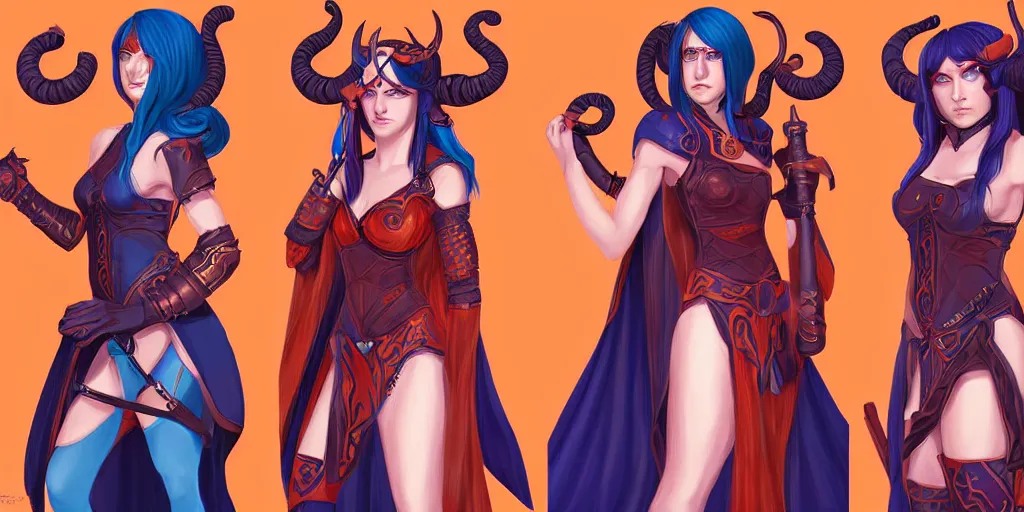 Image similar to triptych of youthful female feminine horned tiefling female bard with long bob cut blue hairstyle, her skin is orange and pale, and her eyes are pure black orbs, and she is wearing colorful leather armor by rossdraws,