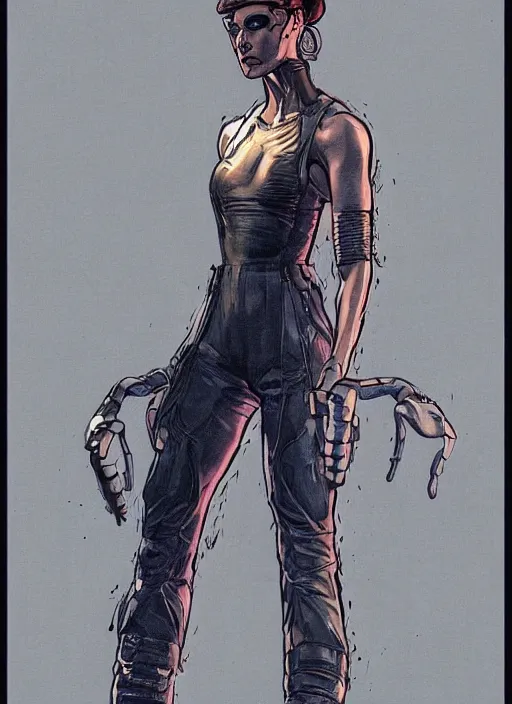 Image similar to menacing cyberpunk gymnast in military vest and jumpsuit. dystopian. portrait by stonehouse and mœbius and will eisner and gil elvgren and pixar. realistic proportions. cyberpunk 2 0 7 7, apex, blade runner 2 0 4 9 concept art. cel shading. attractive face. thick lines.