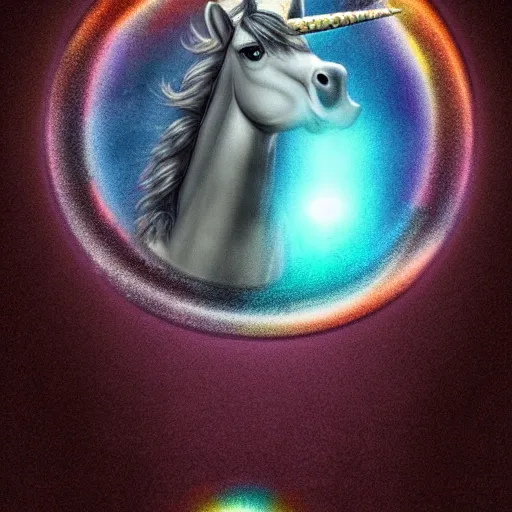 Prompt: A unicorn in the shape of a bubble floating in the air, centered bottom, mystical fantasy, concept art