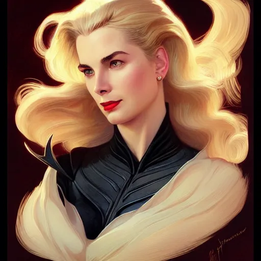 Image similar to Blonde Grace Kelly as Bat Woman, western, D&D, fantasy, intricate, elegant, highly detailed, digital painting, artstation, concept art, matte, sharp focus, illustration, art by Artgerm and Greg Rutkowski and Alphonse Mucha